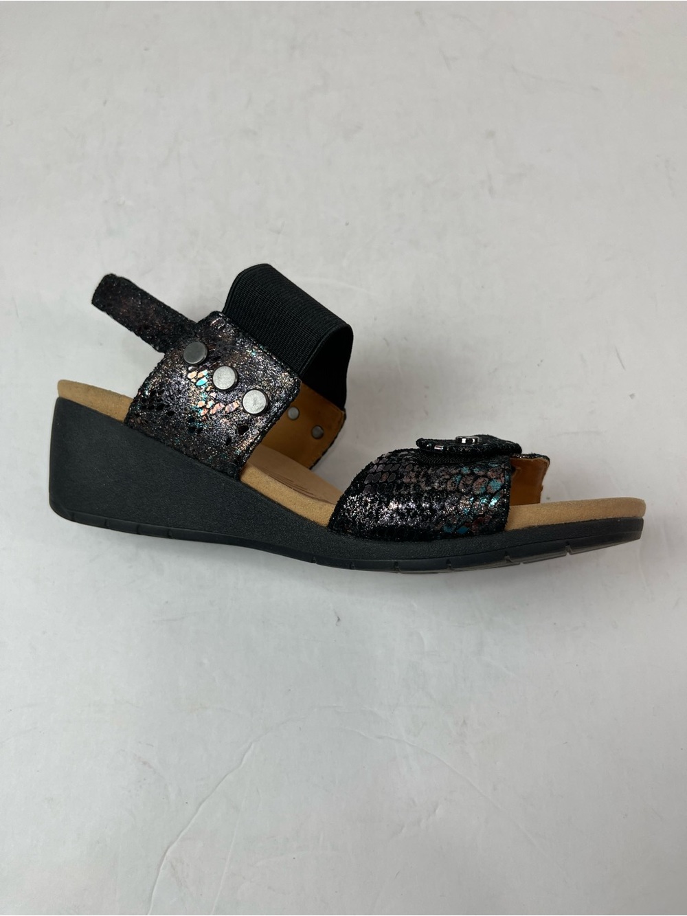Revere Tahiti Wedge Sandals Black Metallic Python Womens US 8 Leather Orthopedic